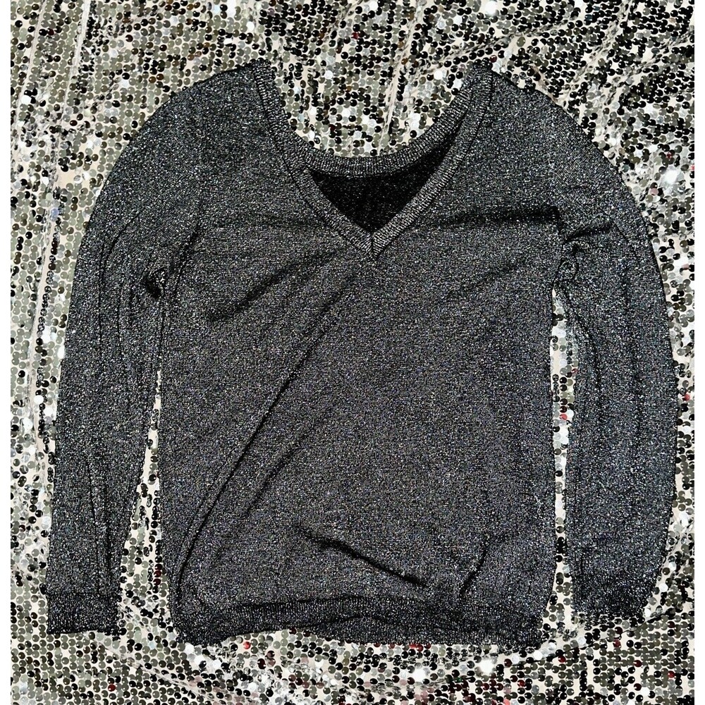 V Neck Black & Silver Metallic Women’s Top Long Sleeve